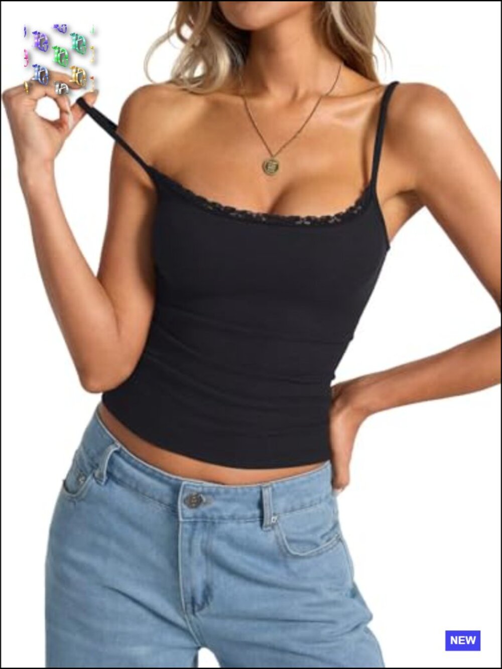 Sleeveless Ribbed Tank Top Square Neck Lace Trim Adjustable Spaghetti Straps - Picture 2 of 7